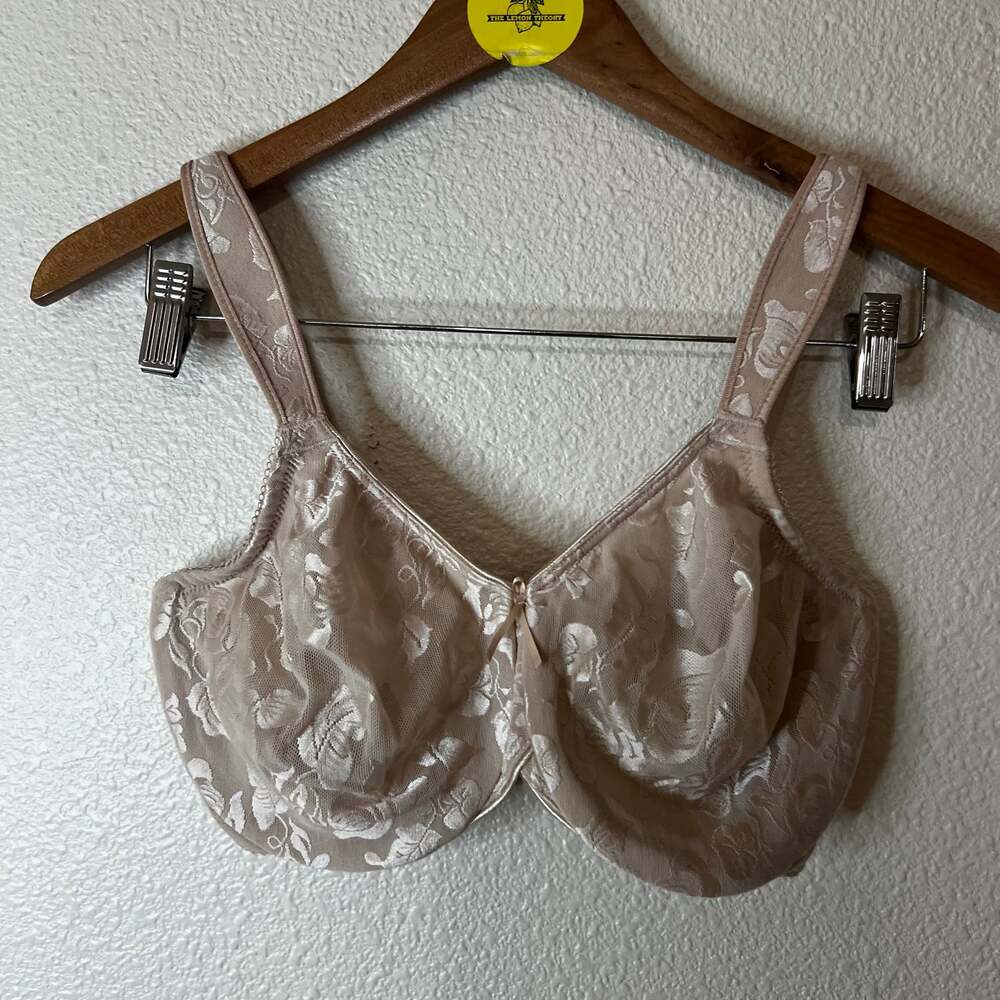 Wacoal 85567 tan cream nude satin unlined wired floral jacquard bra 34DDD glam